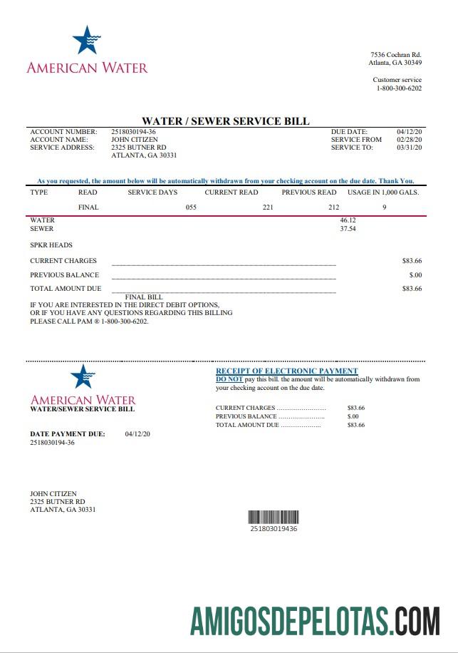 Para baixar modelo de conta de serviços públicos de água dos EUA, Geórgia, em formato Word e PDF